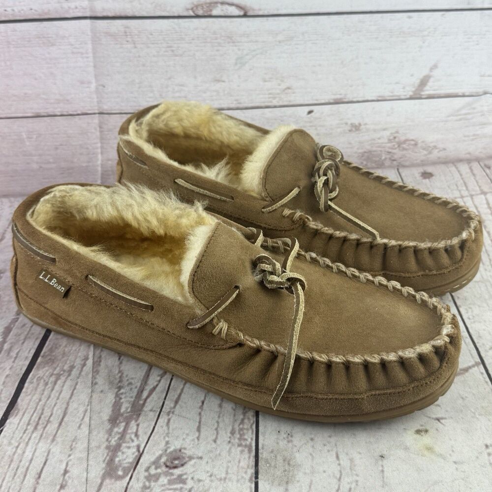 L.L.Bean Wicked Good Moccasins Mens 10 D Brown Suede Shearling Slippers